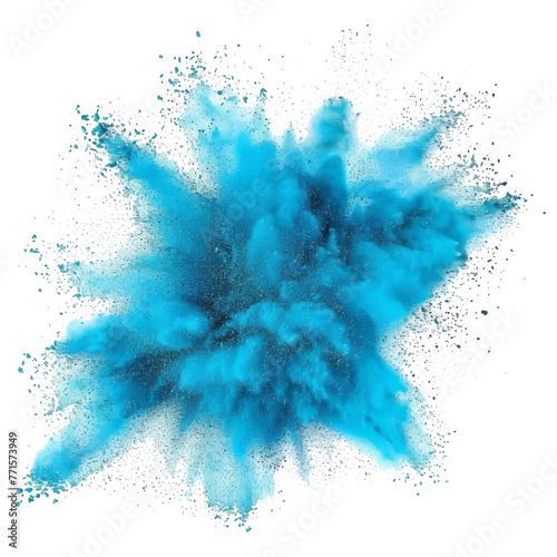 Abstract blue powder explosion on white background. Closeup of blue dust particles splash isolated on clear background. photo
