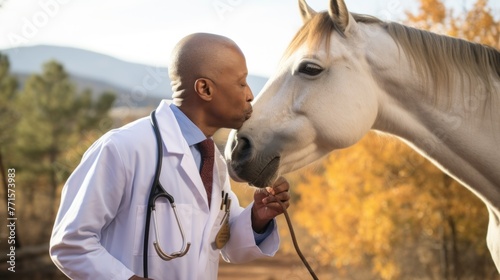 A handsome African American black Man, a veterinarian wearing a white lab coat kissing a brown horse on a ranch at sunset.