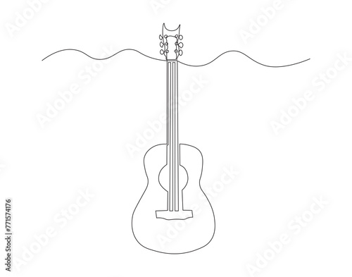 Continuous line drawing of classic acoustic guitar. One line of guitar acoustic. Modern stringed music instruments concept continuous line art. Editable outline.
