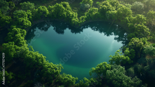 A heart-shaped lake in the middle of untouched nature - a concept illustrating the issues of nature conservation, bio-products and the protection of forests and woodlands in general.