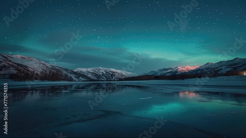 Northern Lights reflecting in a calm frozen lake
