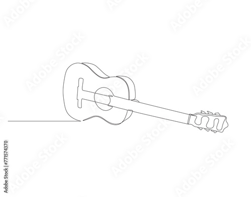 Continuous line drawing of classic acoustic guitar. One line of guitar acoustic. Modern stringed music instruments concept continuous line art. Editable outline.