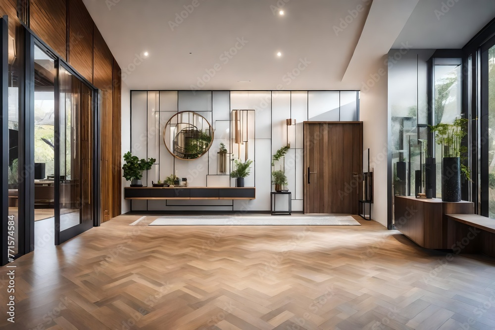 Glass-walled entry hall and foyer including a staircase, console table, bench, and wooden door. Glass-walled entry hall and foyer including a staircase, console table, bench, and wooden door.