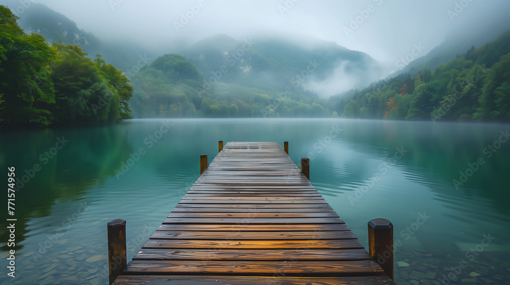 Wooden pier in middle of lake, mountain, beauty in nature, summer - obrazy, fototapety, plakaty 