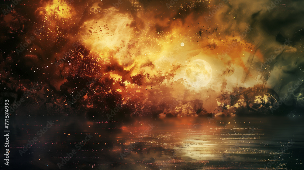 Fire and explosion in sky, night, sunset, space