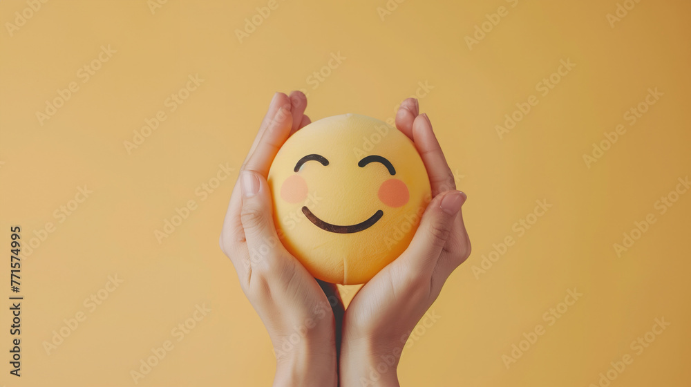 woman hands holding smile face, positive thinking, mental health assessment , world mental health day concept, generative ai woman hands holding smile face, positive thinking, mental health assessment , world mental health day concept, generative ai