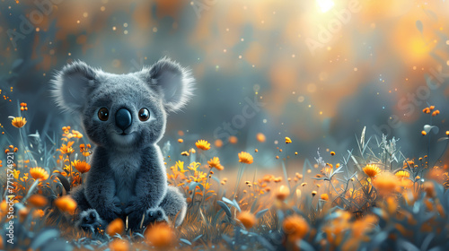 Koala bear in flowers, cute, mammal, illustration, animals in the wild