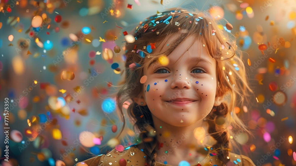 Joyful Child Celebrating With Colorful Confetti Outdoors