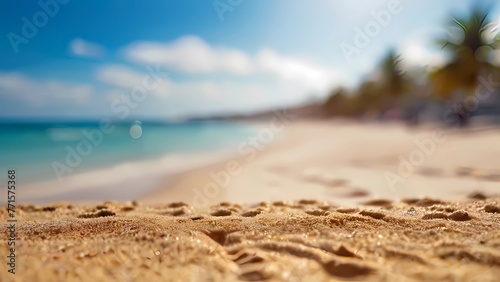 Background of tropical summer beach with golden sand, turquoise ocean and blue sky with white clouds on a sunny day for summer vacation