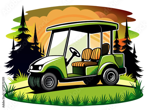 green golf cart on grass, sunset scene clip art preview