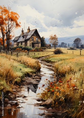 painting of a senary in autumn with solo house near by a peaceful small and narrow river with clear sky and green brown grass 