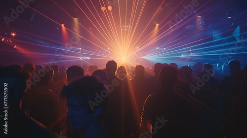 Vibrant dance floor with lively crowd basking in neon lights. Party atmosphere in a nightclub. Energetic nightlife with music and entertainment. Ideal for event promotions. AI