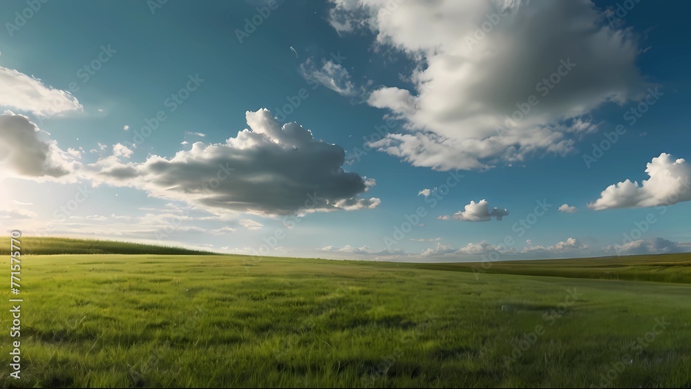 View of green field of cut grass and blue sky with clouds on the horizon. Perfect green grass on a sunny summer day.
