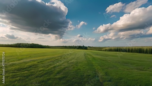 View of green field of cut grass and blue sky with clouds on the horizon. Perfect green grass on a sunny summer day. 