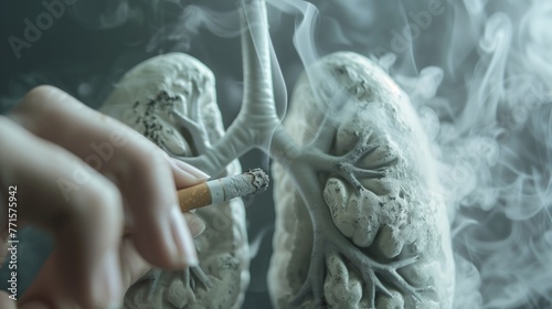 Smoker hand holding a smoking cigarette next to lungs full of smoke representing the danger of smoking for health, lung cancer and illness concept, World no tobacco day, generative ai