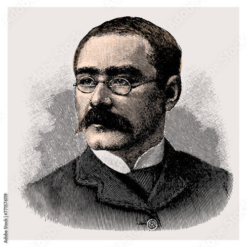 Joseph Rudyard Kipling famous English novelist, short-story writer, poet, and journalist, famous British writer, colored vectored illustration from old engraving from 19th century