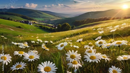 Beautiful spring and summer landscape with a thriving field of tulips in the grass in the mountainous countryside. #771576171