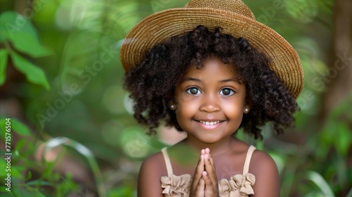 Smiling Young Girl Wearing a Straw Hat Outdoors photo