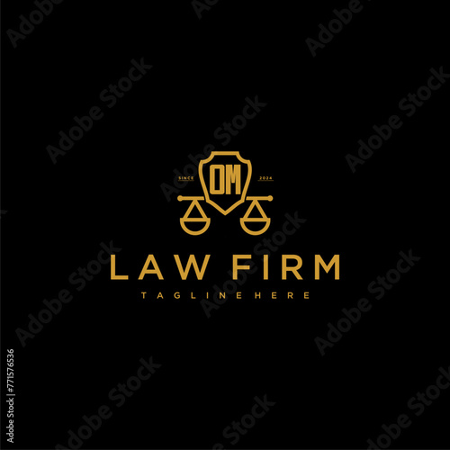 OM initial monogram for lawfirm logo with scales shield image