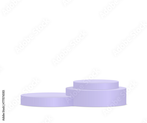 Pedestal and platform, stand stage, cylinder. White 3d podium mockup in different shapes. Round and square empty stages and podium stairs vector 3d template. Template for promotional items.
