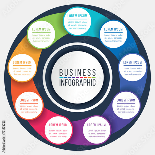 Business Infographic circle design 9 steps, objects, options or elements business information colorful