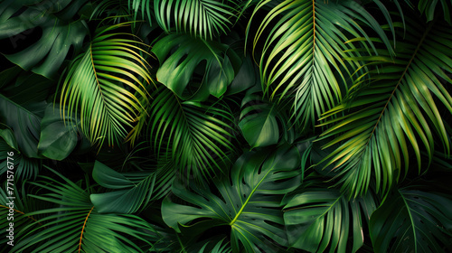Tropical leaves Monstera and palm tree leaf. Flat lay, top view, generative ai