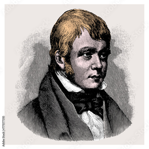 Walter Scott, famous Scottish novelist, poet and historian, colored vectored illustration from old engraving from 19th century © Zlatko Guzmic
