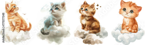 Watercolor clipart with cute cats on a cloud
