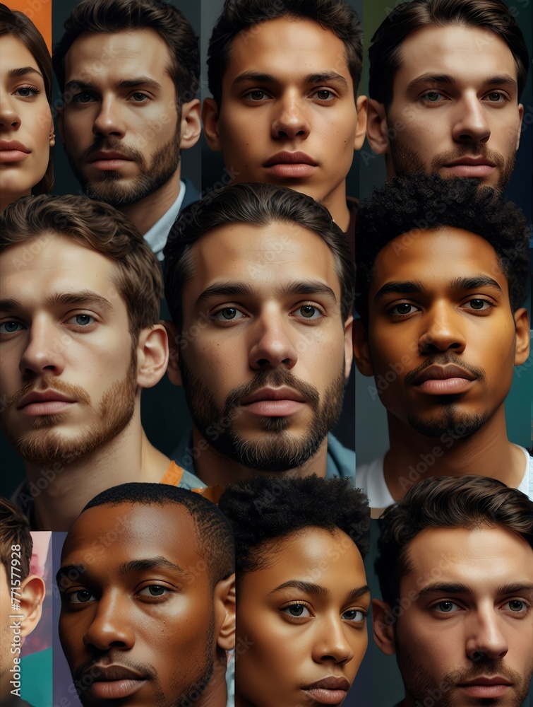 Abstract colorful theme collage of diverse inclusive human man faces art design illustration from Generative AI Abstract colorful theme collage of diverse inclusive human man faces art design illustration from Generative AI