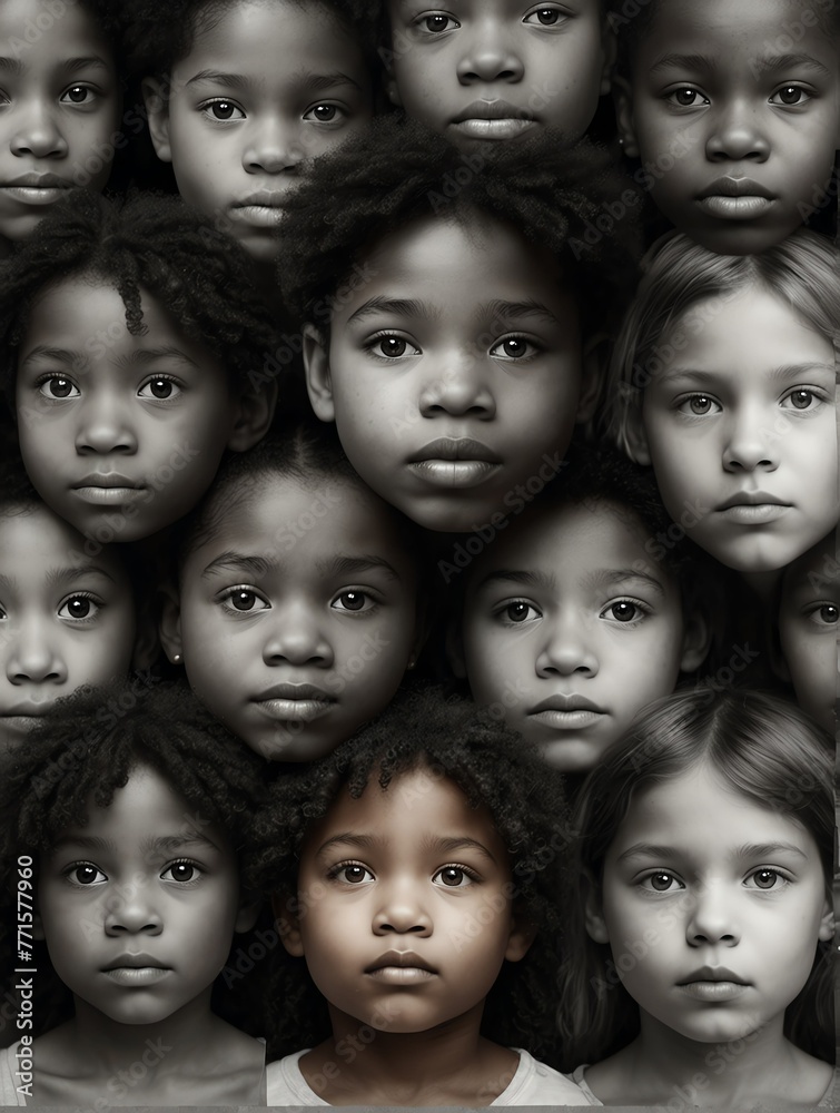 Abstract gray theme collage of diverse inclusive human child faces art design illustration from Generative AI