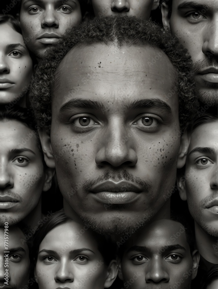 Abstract gray theme collage of diverse inclusive human man faces art design illustration from Generative AI Abstract gray theme collage of diverse inclusive human man faces art design illustration from Generative AI