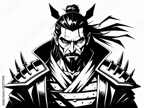 Black and white close up samurai warrior.