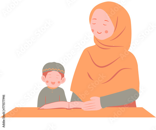 Mom and Little Boy Learning Quran photo