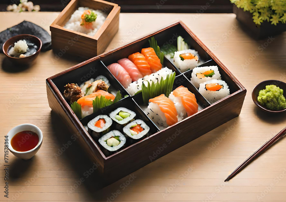 The sushi is beautifully arranged in a wooden bento box The sushi is beautifully arranged in a wooden bento box