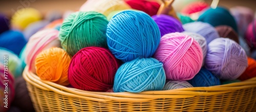 A woolen basket filled with balls of yarn in Azure, Purple, Aqua, Magenta, and Electric blue. Perfect for creative arts projects with unique patterns