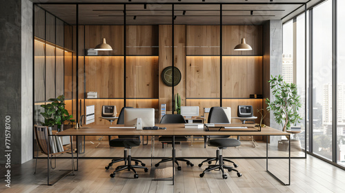 Modern office interior in loft industrial style 3d render, architecture, building, interior, warehouse, bridge, structure, construction, empty, road, industrial, factory, business, industry, city	