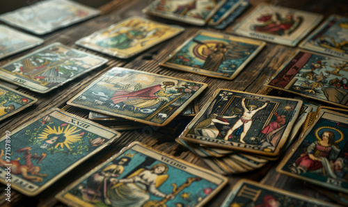 A deck of tarot cards with a variety of images and numbers. The cards are spread out on a wooden table