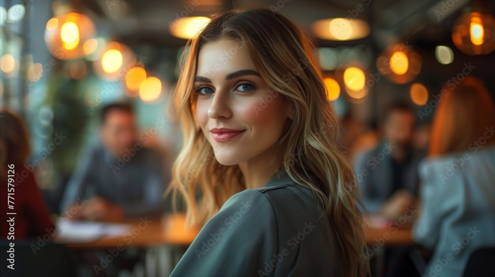 Obraz premium Young Woman Smiling in a Busy Cafe During Evening Hours
