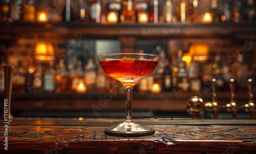 A glass of red wine with a slice of orange in it sits on a wooden bar counter. The atmosphere is warm and inviting, with the dim lighting photo