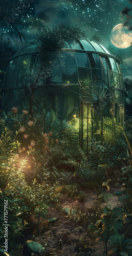 A large glass greenhouse with a moon in the sky. The greenhouse is filled with plants and flowers, and the moon casts a soft glow on the scene