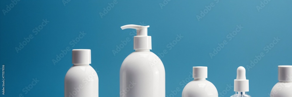 Mockup of skincare products (gel, cream, serum, lotion) in white bottles, tubes and jars on blue background closeup. Template of blank plastic cosmetic containers with copy space for logo, text, brand Mockup of skincare products (gel, cream, serum, lotion) in white bottles, tubes and jars on blue background closeup. Template of blank plastic cosmetic containers with copy space for logo, text, brand
