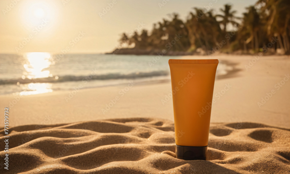 Mock up of sunscreen in orange tube on sandy beach with tropical palm trees near ocean at sunset in the background . Sunblock product template. Spf UV-protection cream, lotion advertising Mock up of sunscreen in orange tube on sandy beach with tropical palm trees near ocean at sunset in the background . Sunblock product template. Spf UV-protection cream, lotion advertising