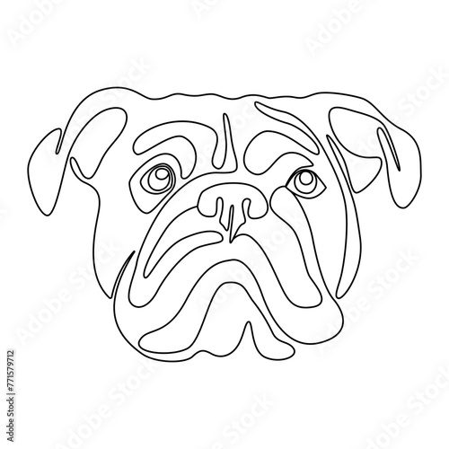One continuous line drawing English bulldog vector Image. Single line minimal style dog breed portrait. Cute puppy black linear sketch isolated on white background. Graphic drawing.