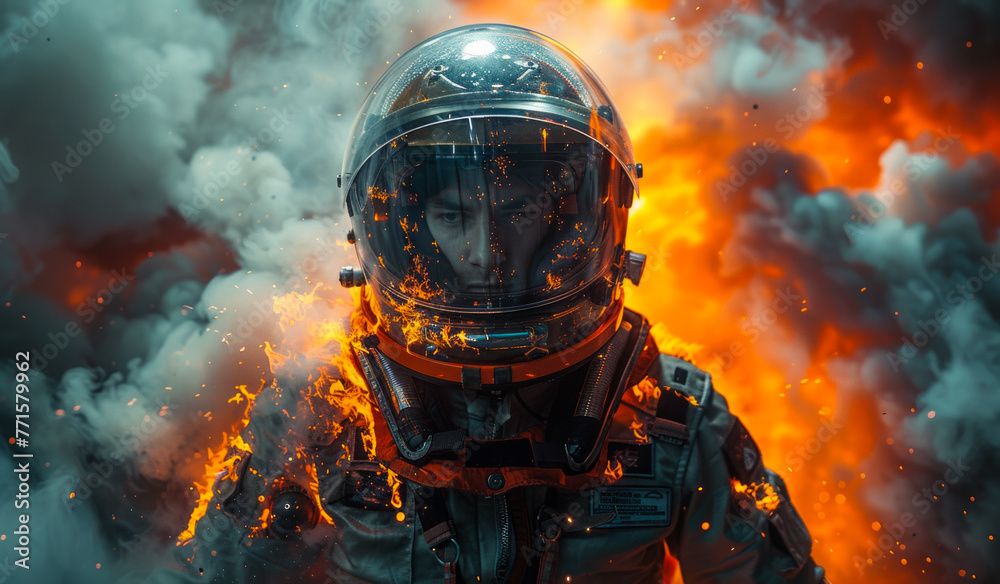 A man in a space suit is surrounded by fire and smoke. Concept of danger and destruction, as the man is in the midst of a fiery explosion