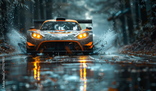 Sports car is driving through a rainstorm. The car is surrounded by water, and the rain is falling in a steady stream. The scene is dark and moody