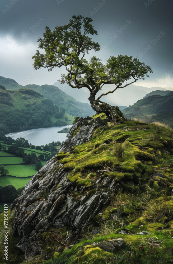 A tree is growing on a rocky hillside. The tree is surrounded by grass and rocks. The sky is cloudy and the weather is overcast A tree is growing on a rocky hillside. The tree is surrounded by grass and rocks. The sky is cloudy and the weather is overcast