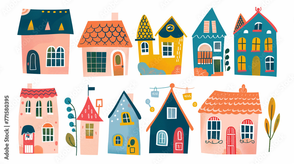 Conjunto de casas coloridas e fofas isolado no fundo branco 