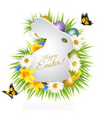 Holiday easter getting card with a colorful eggs and spring flowers in grass and paper rabbit. Vector.