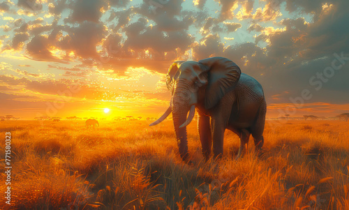 A large elephant stands in a field of tall grass. The sun is setting in the background, casting a warm glow over the scene.