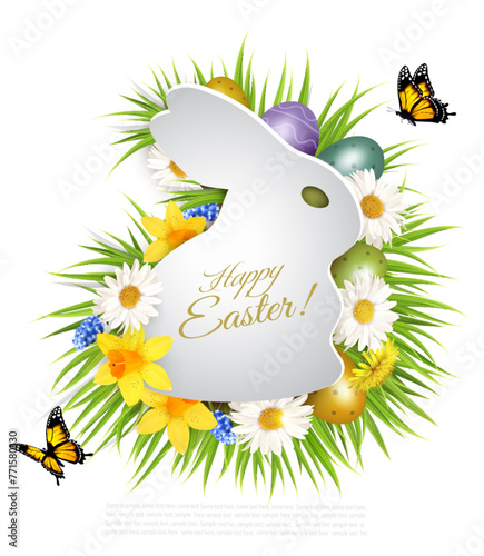 Holiday easter getting card with a colorful eggs and spring flowers in grass and paper rabbit. Vector. © ecco